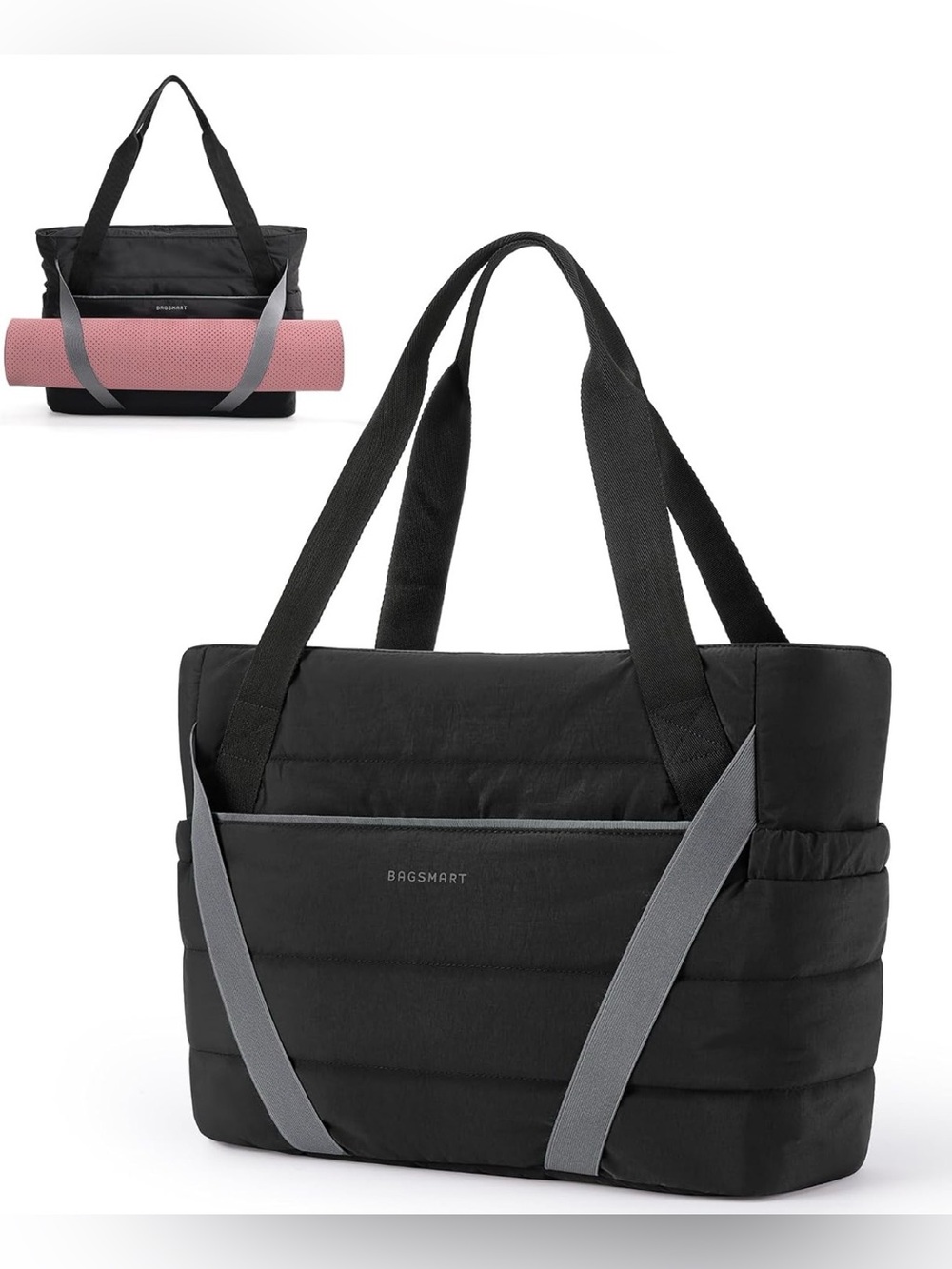 BAGSMART Tote Bag for Women with Zipper and Yoga Mat Straps Black